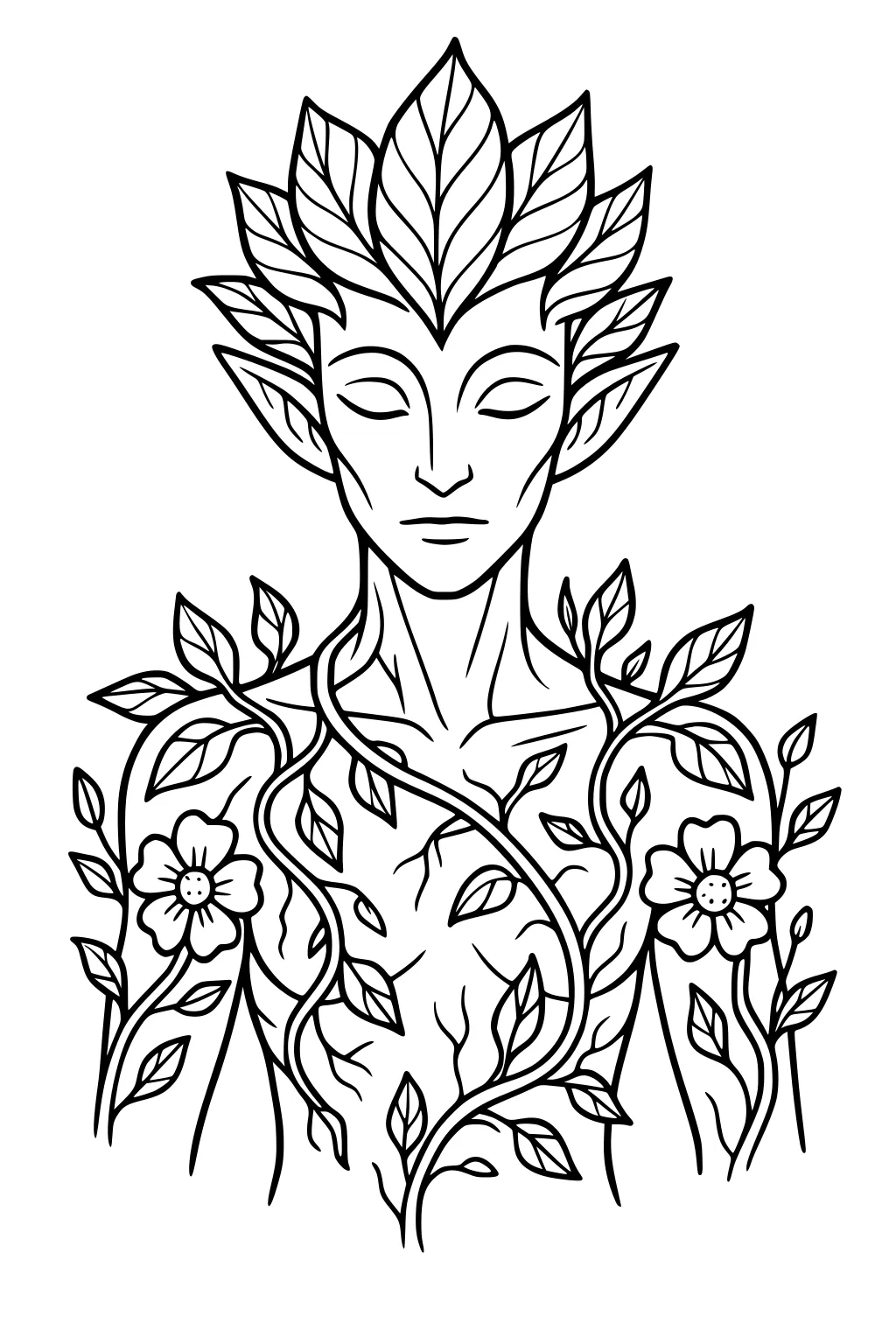Plant alien with leaf hair, closed eyes, and twisting vines with two flowers wrapped around his chest in clean line art.