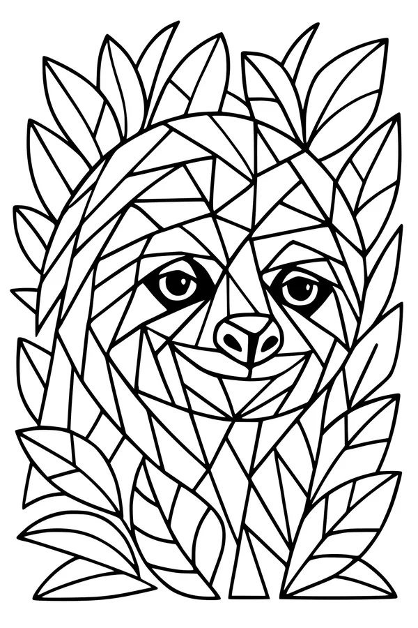 Free Sloth Coloring Page - Geometric Jungle Leaves Portrait (Printable PDF)