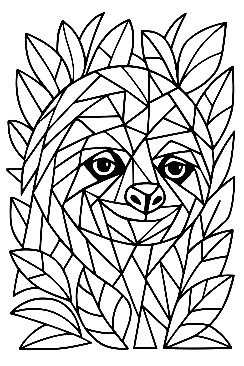 Geometric sloth face surrounded by large angular leaves, all outlined in black wide lines.