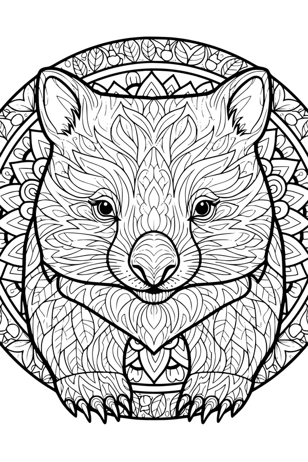 Free Wombat Coloring Page - Leafy Mandala Portrait (Printable PDF)