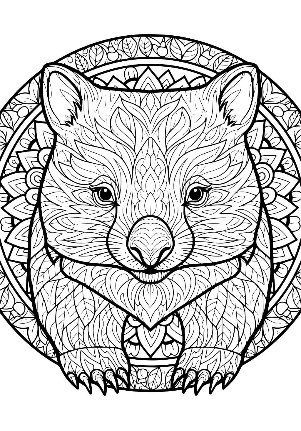 Front-view wombat with patterned fur and leaf mandala; bold outlines, round nose, short ears, tucked paws, detailed line art.