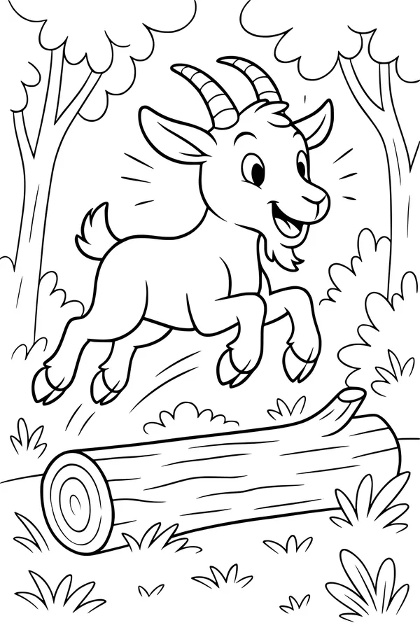 Free Goat Coloring Page - Happy Goat Jumping in Forest (Printable PDF)