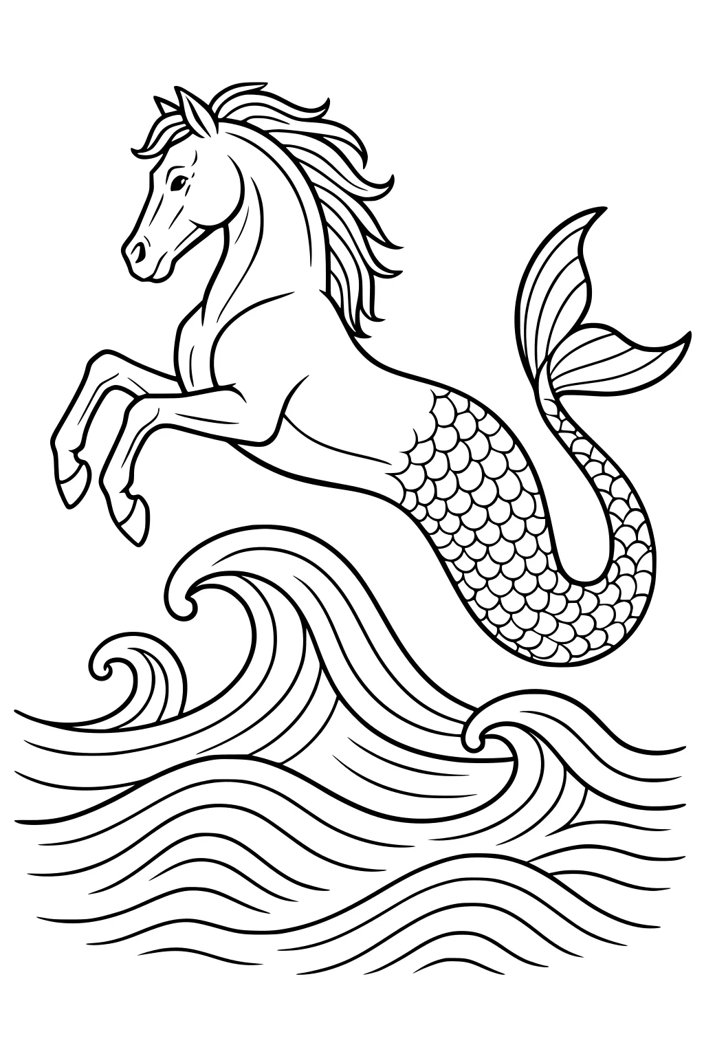 Mythical sea horse with fish tail jumping above rolling waves; flowing mane, scaled tail, and bold outline details.