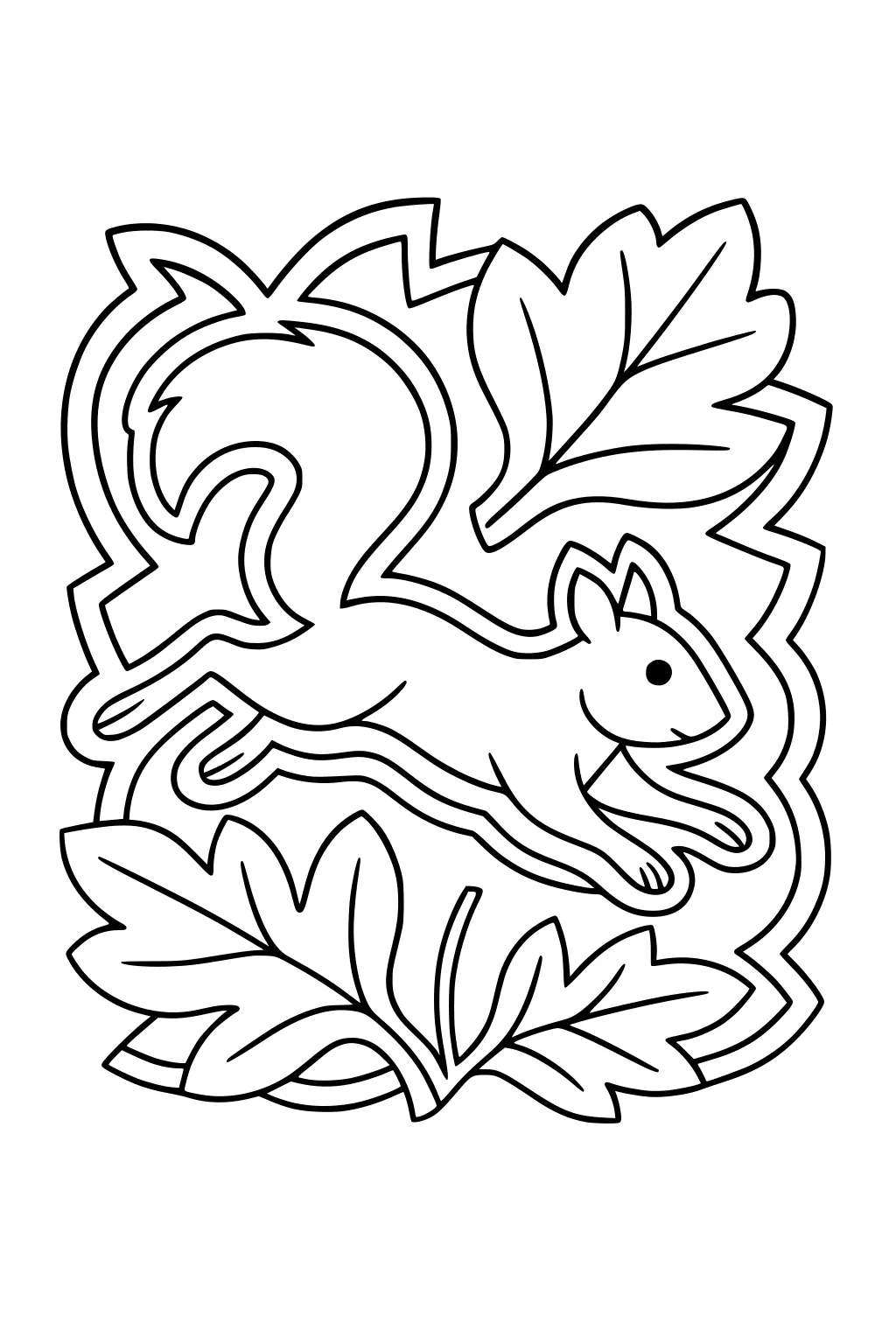 Cartoon squirrel jumping through big leaves with bold outlines.