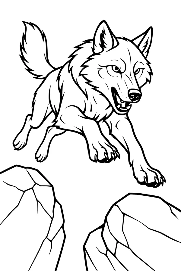 Free Wolf Coloring Page - Wild Wolf Leaping Between Rocks (Printable PDF)