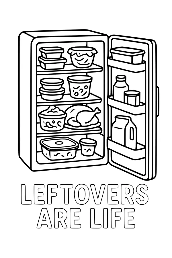 Free Thanksgiving Leftovers Fridge Coloring Page - Packed With Turkey And Treats (Printable PDF)