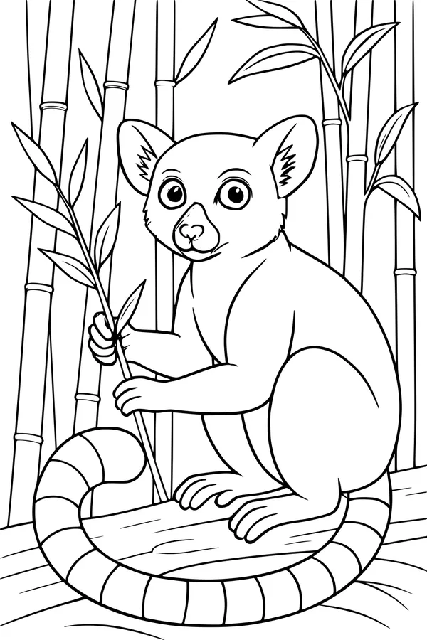 Free Lemur Coloring Page - Ring-Tailed Lemur Eating Bamboo (Printable PDF)