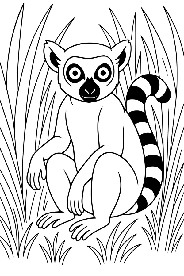 Free Lemur Coloring Page - Ring-Tailed Lemur in Tall Grass (Printable PDF)