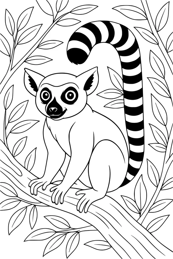 Free Lemur Coloring Page - Ring-Tailed Lemur on Jungle Branch (Printable PDF)