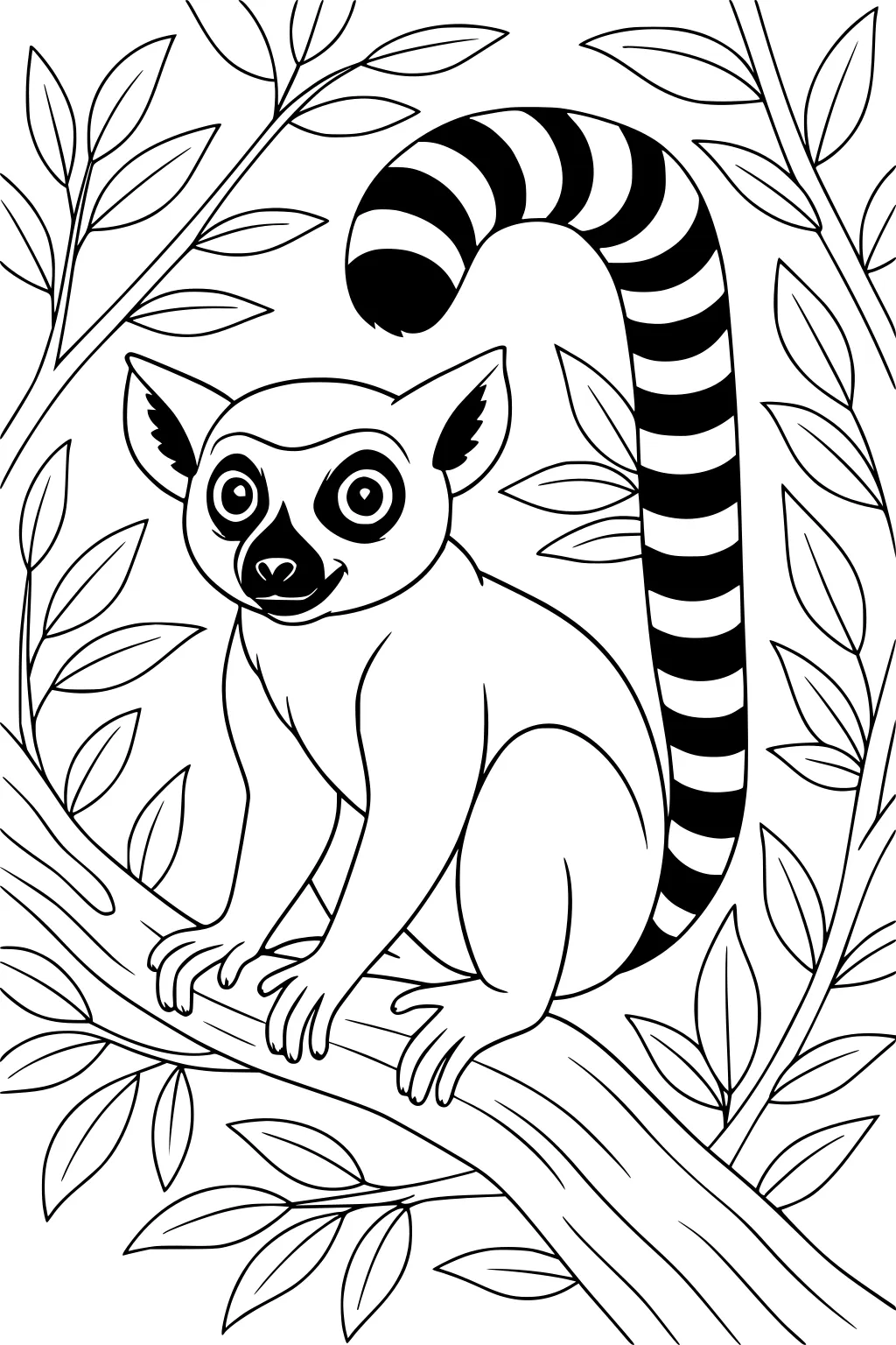 Ring-tailed lemur sitting on a tree branch with striped tail and large leaves around.