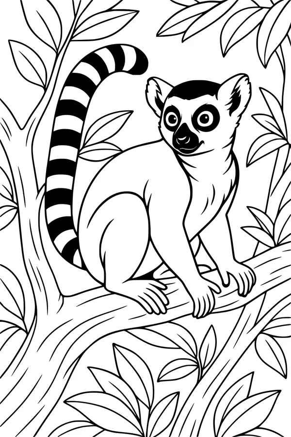 Free Lemur Coloring Page - Ring-Tailed Lemur in Leafy Treetops (Printable PDF)