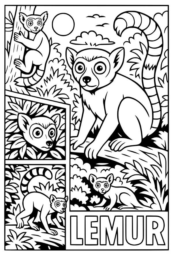 Free Lemur Coloring Page - Playful Lemurs in Leafy Jungle (Printable PDF)