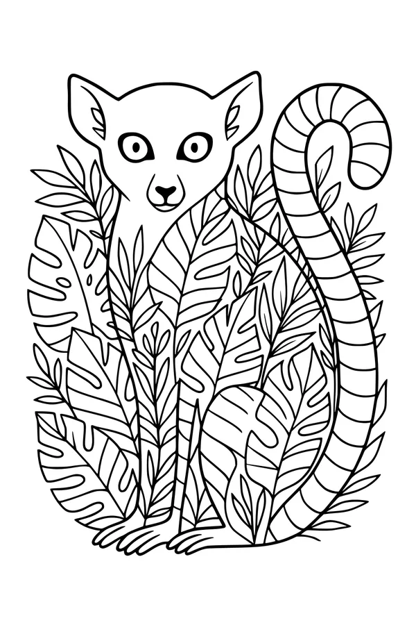 Free Lemur Coloring Page - Peeking Through Jungle Leaves (Printable PDF)