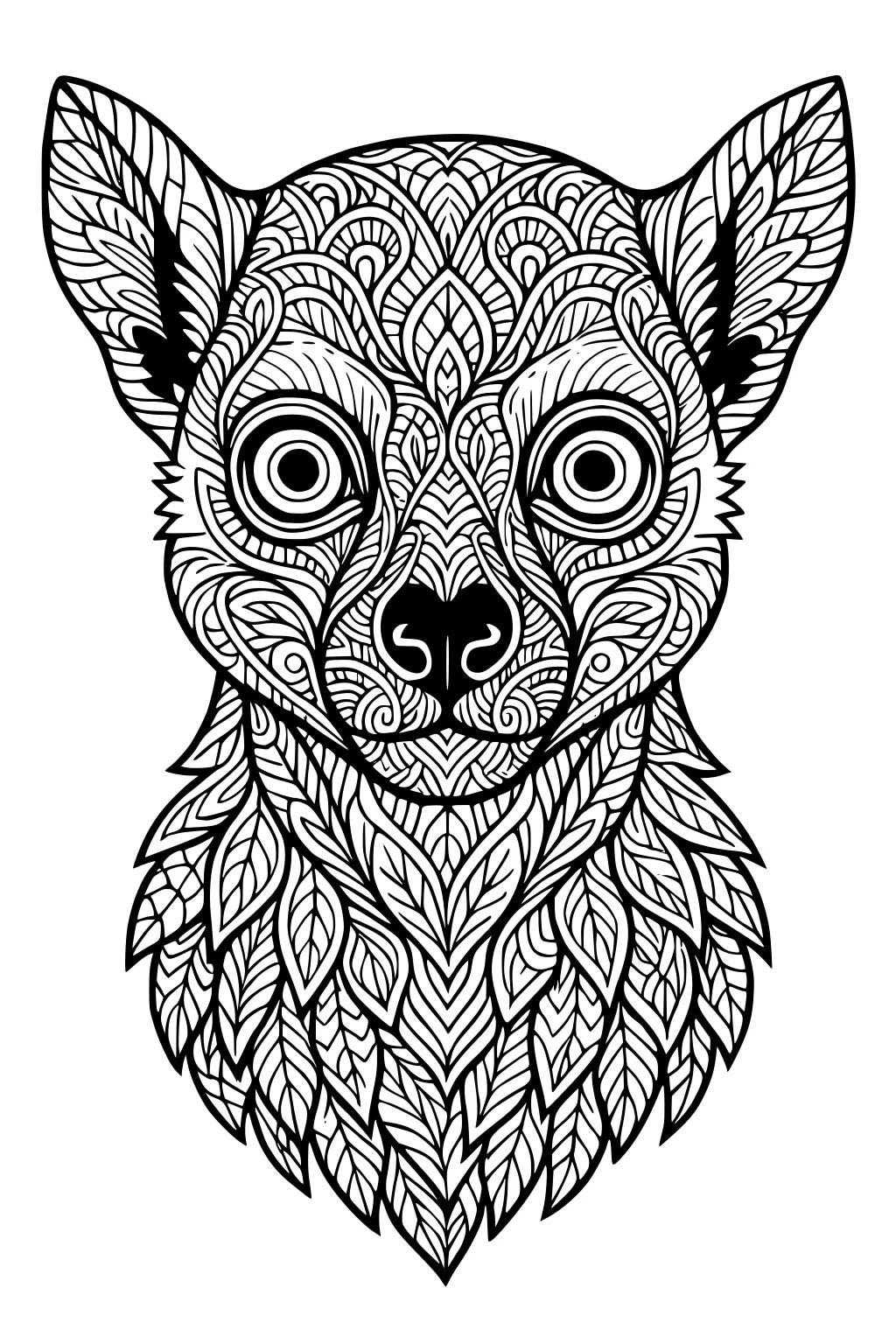 Line drawing of a lemur head with large eyes and detailed leafy patterns all over its face and ears.