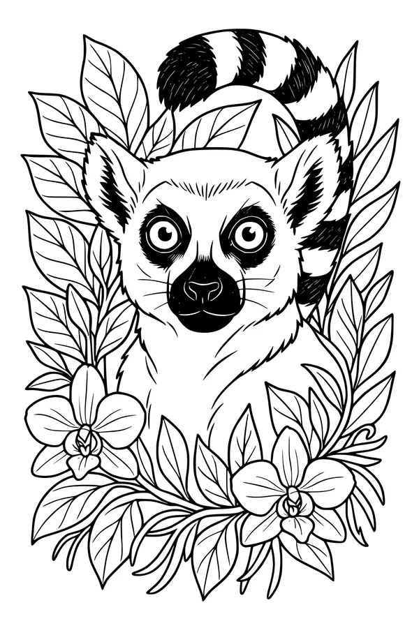 Free Ring-Tailed Lemur Coloring Page - Leafy Jungle Hideout (Printable PDF)