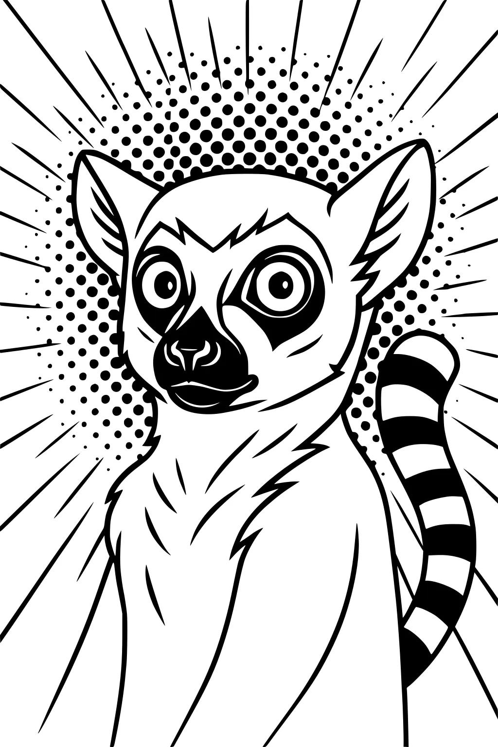 Lemur with large eyes and a striped tail, set against a comic-style burst background.