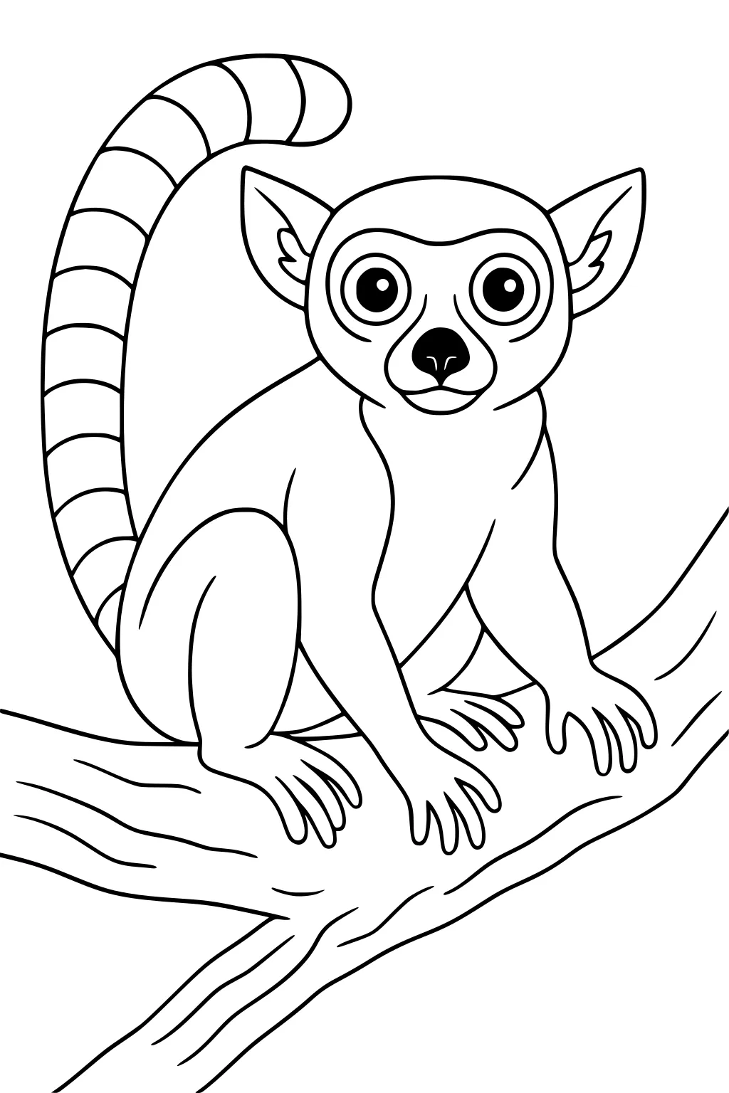A lemur with large eyes sits on a tree branch, tail curled up, with long toes gripping the wood.