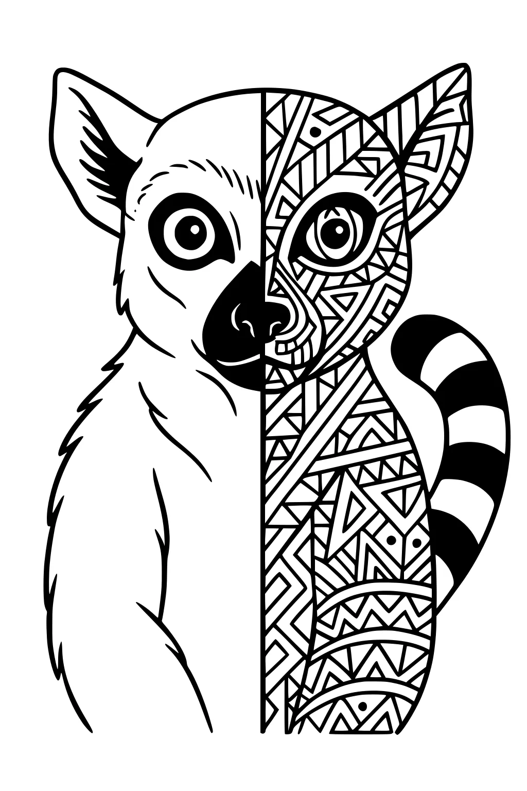 Lemur coloring page split in half; left side realistic, right side decorated with geometric shapes.