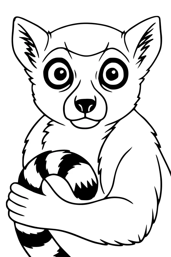 Free Lemur Coloring Page - Cute Ring-Tailed Lemur Hugging Its Tail (Printable PDF)