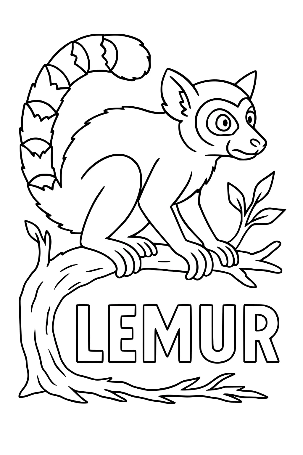 Lemur with striped tail sitting on a branch with LEMUR written below in big letters.