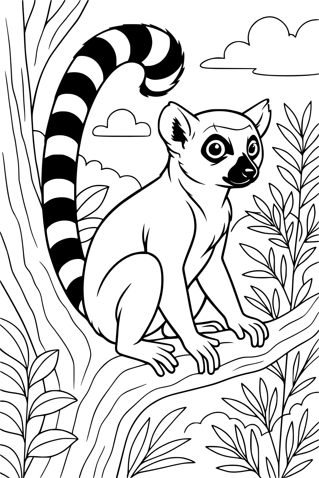 Ring-tailed lemur with striped tail sitting on a tree branch surrounded by leaves and puffy clouds.