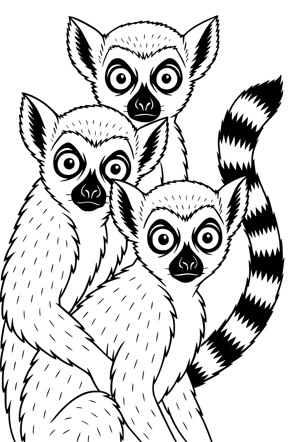 Three lemurs sitting closely, each with large eyes, furry faces, pointed ears, and a striped tail curled to the side.