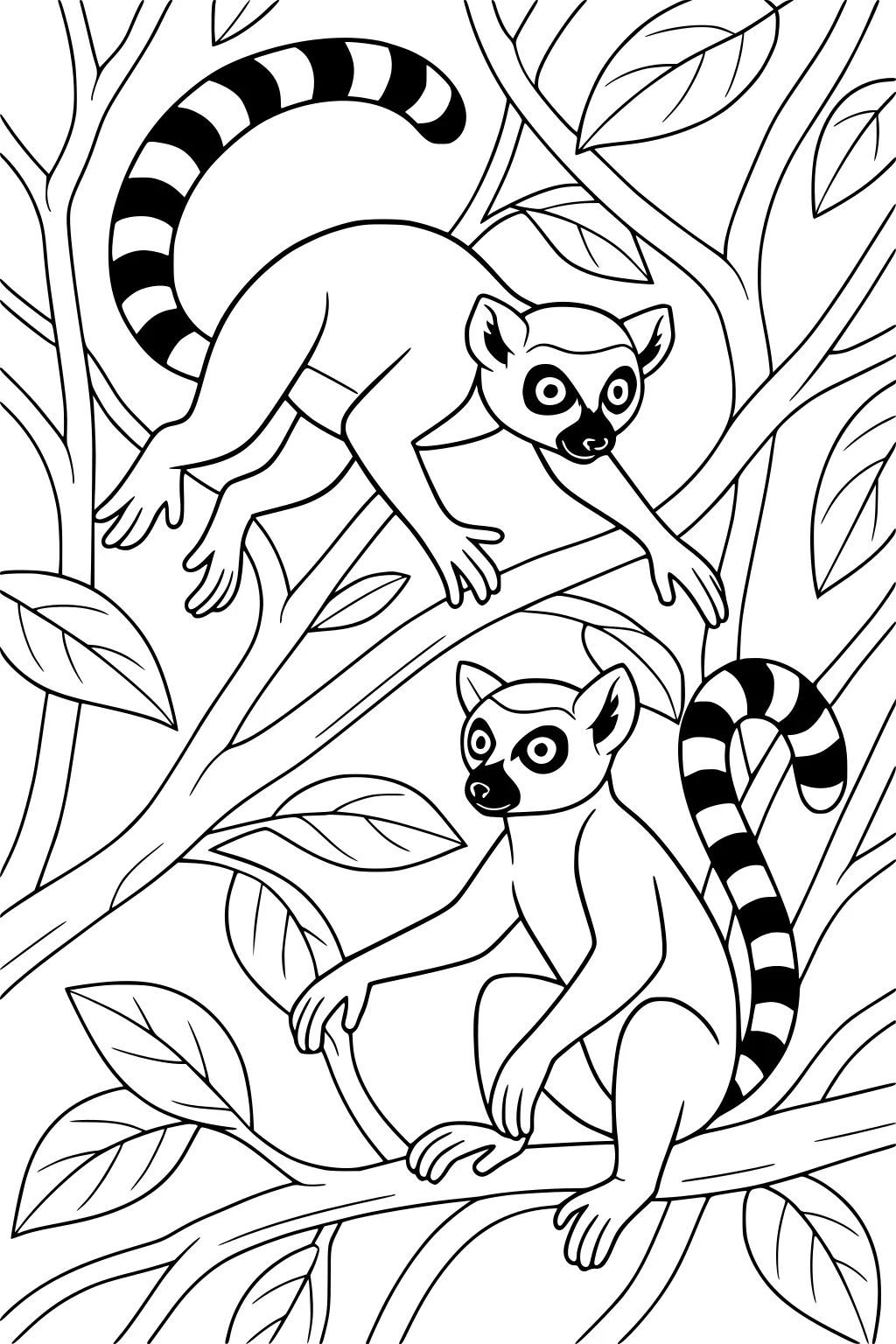 Two ring-tailed lemurs with striped tails climbing and sitting on jungle branches surrounded by leaves.