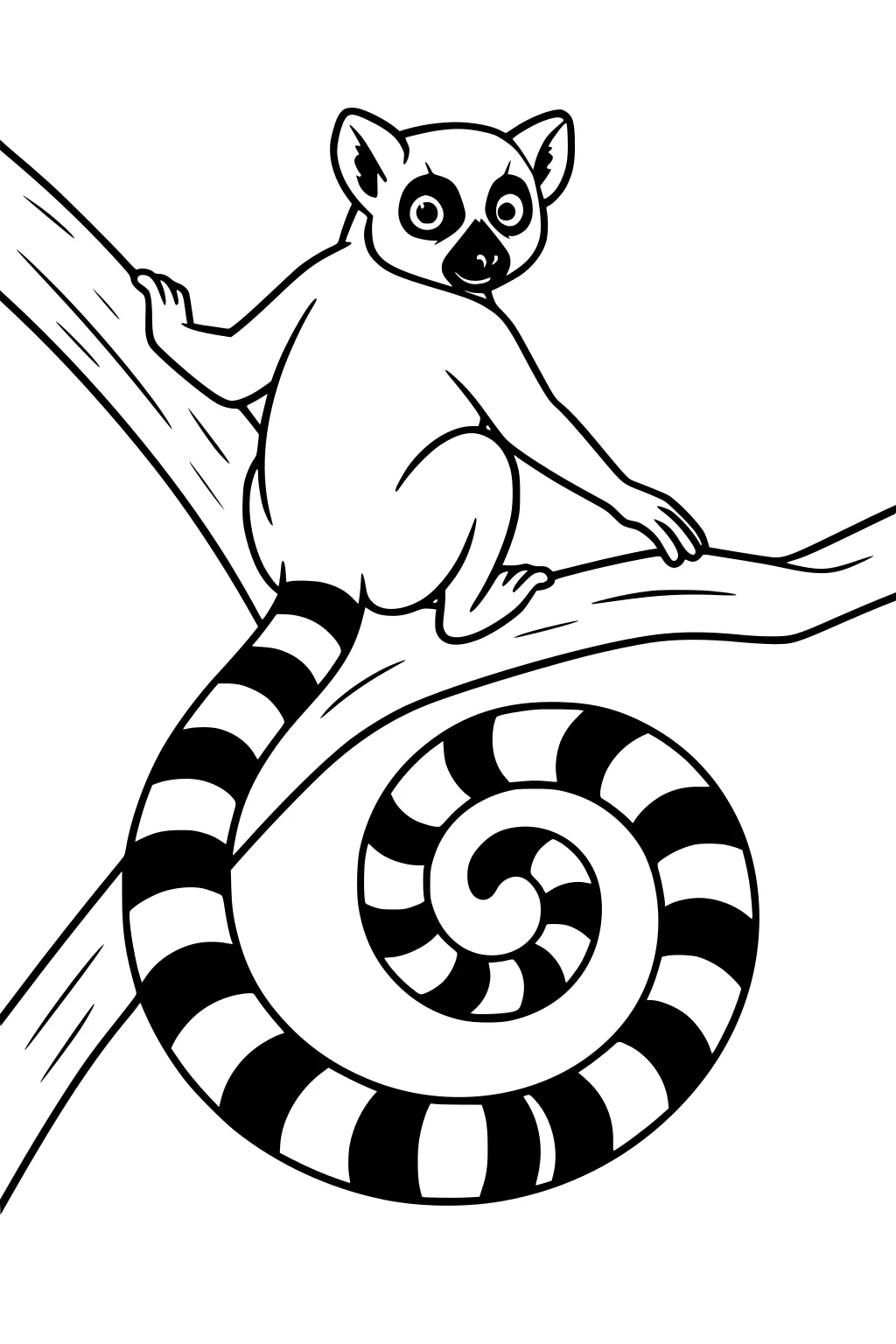 Ring-tailed lemur sitting on a tree branch with a spiral tail and wide eyes.