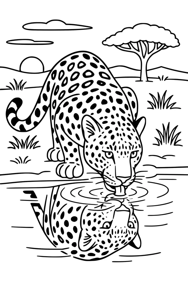 Free Leopard Coloring Page - Drinking From Sunset Stream (Printable PDF)