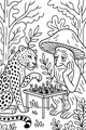 Free Leopard Coloring Page - Playing Chess With Mushroom Man in Forest (Printable PDF)