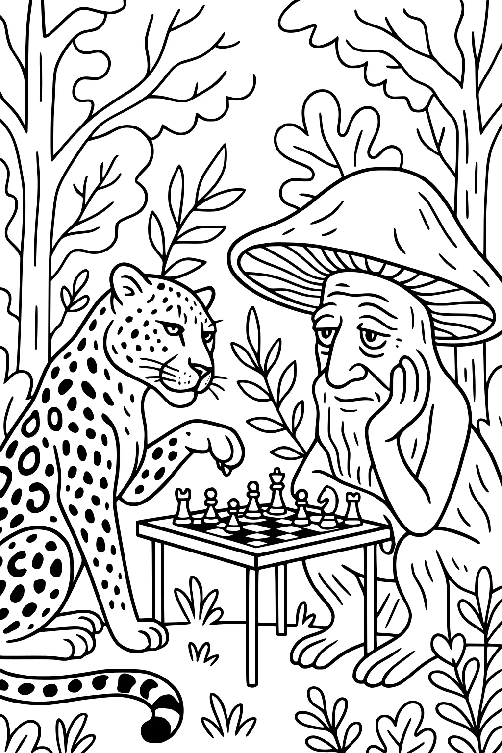 Leopard and mushroom man sit at a chessboard in a forest, surrounded by trees and leafy plants.