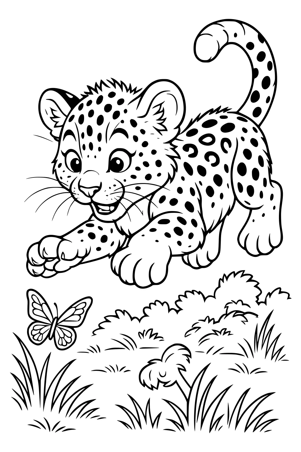 Leopard cub with spots leaping toward a butterfly in a grassy field with bushes in the background.