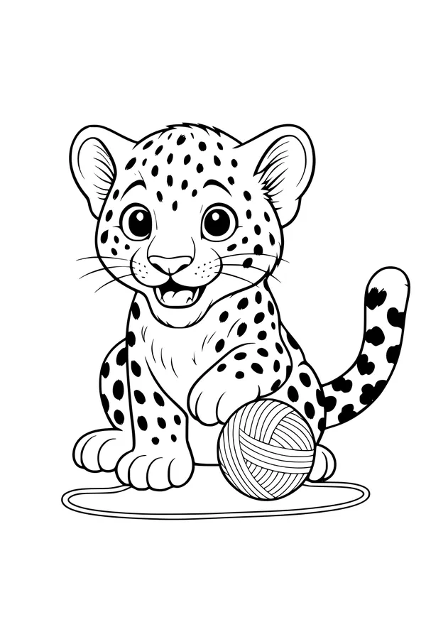 Free Leopard Cub Coloring Page - Cute Spotted Kitten With Yarn Ball (Printable PDF)
