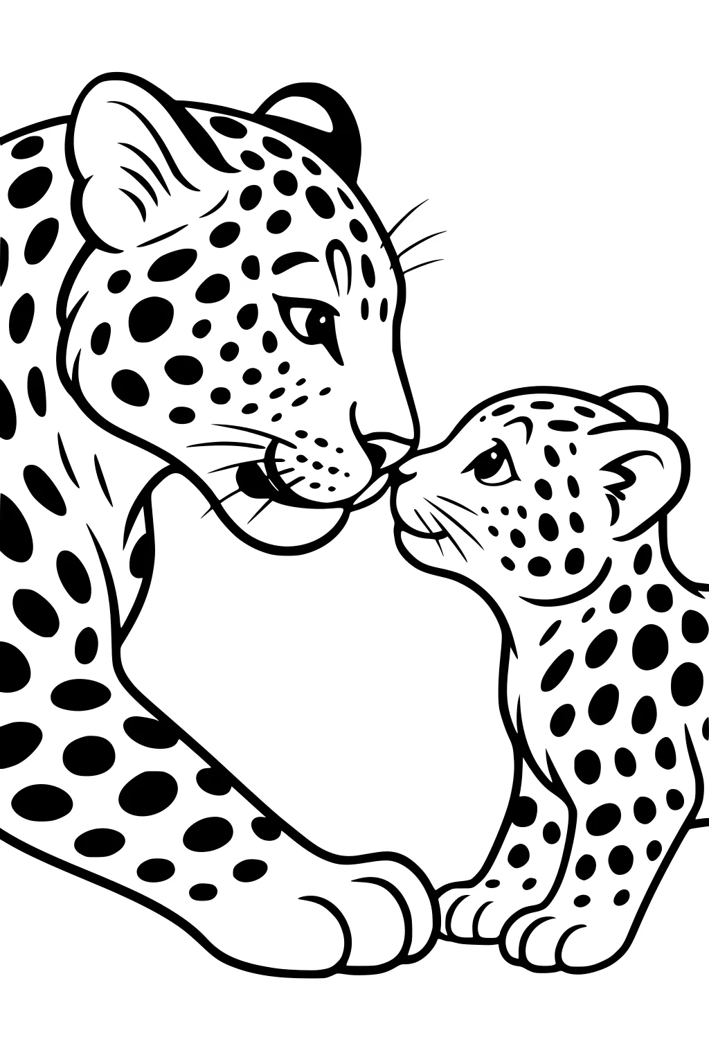 Mother leopard and cub touching noses, both with spots and rounded ears.