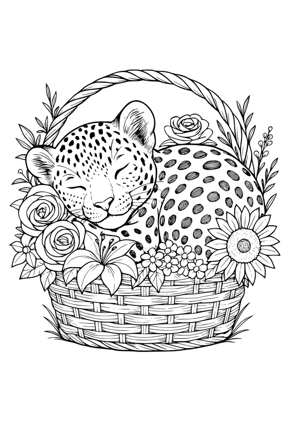 Free Leopard Coloring Page - Cute Cub Napping in Flower Basket (Printable PDF)