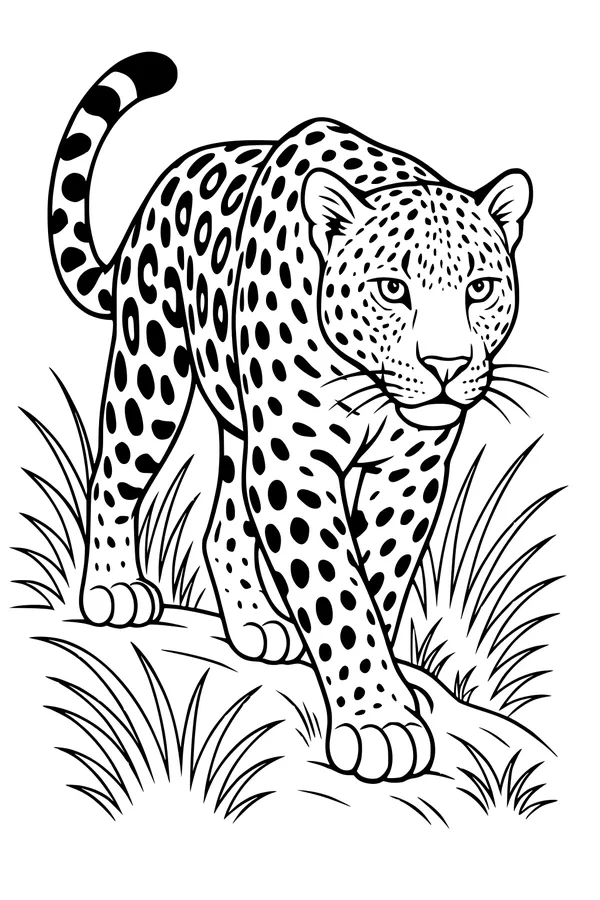 Free Leopard Coloring Page - Spotted Cat in Tall Grass (Printable PDF)