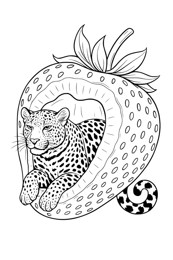 Free Leopard Coloring Page - Lounging Inside a Giant Strawberry (Printable PDF)
