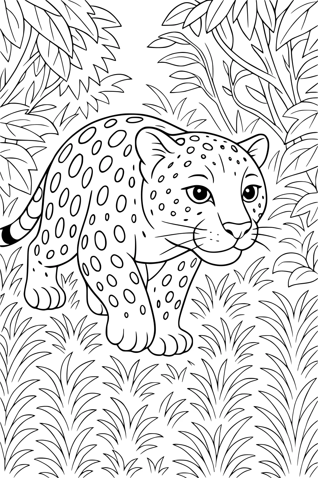 Leopard with spots walking in tall grass, surrounded by large leafy plants.