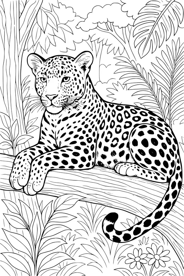 Free Leopard Coloring Page - Lounging in a Leafy Jungle (Printable PDF)