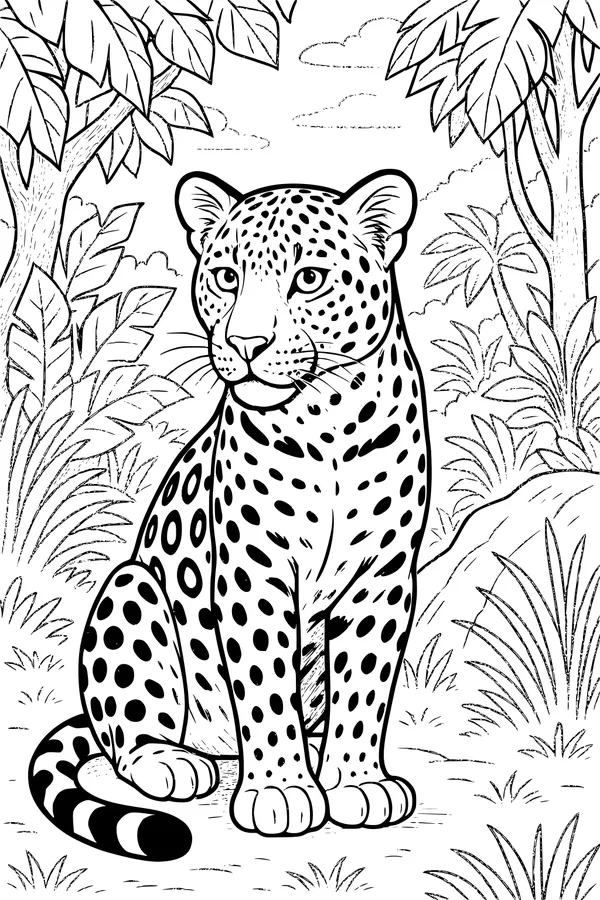Free Leopard Coloring Page - Spotted Big Cat in Jungle Clearing (Printable PDF)