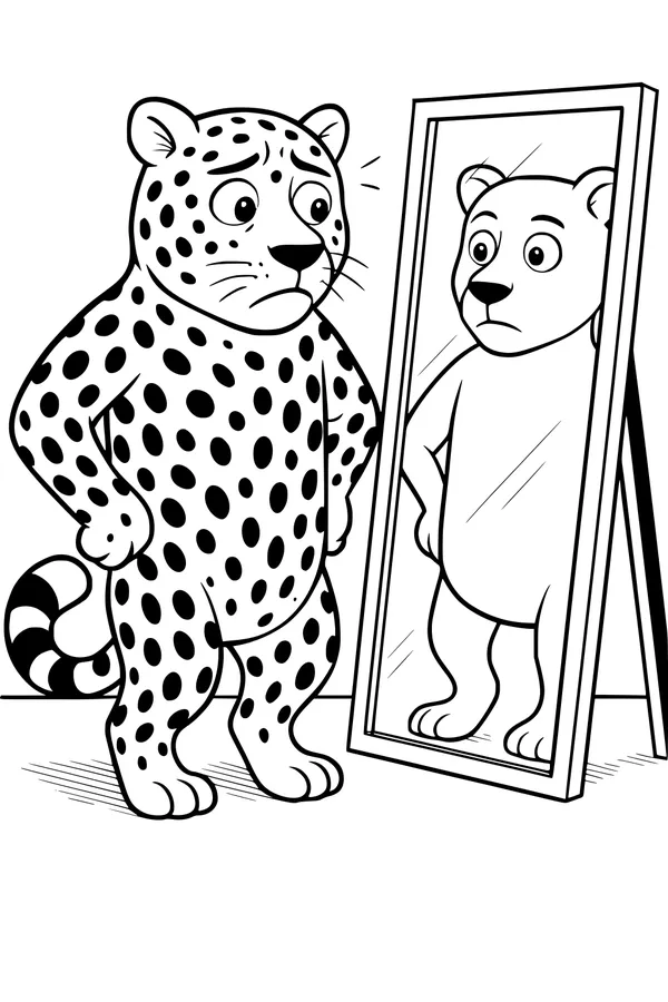 Free Leopard Coloring Page - Funny Spotless Mirror Reflection (Printable PDF)