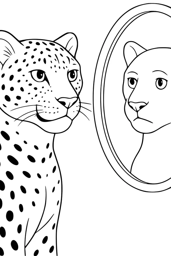 Free Leopard Coloring Page - Spotted Cub Seeing Spotless Reflection (Printable PDF)