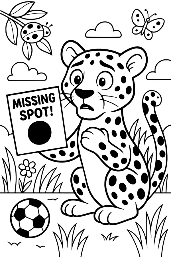 Free Leopard Coloring Page - Surprised Jungle Leopard With Missing Spot (Printable PDF)
