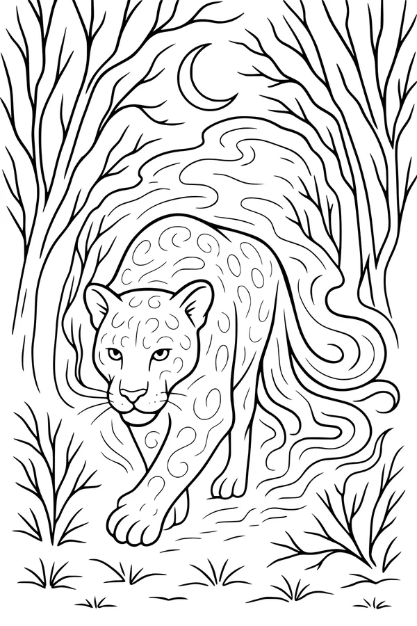 Free Leopard Coloring Page - Moonlit Forest Night Walk (Printable PDF)
