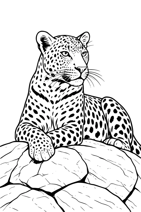 Free Leopard Coloring Page - Lounging on Sunny Rocks (Printable PDF)