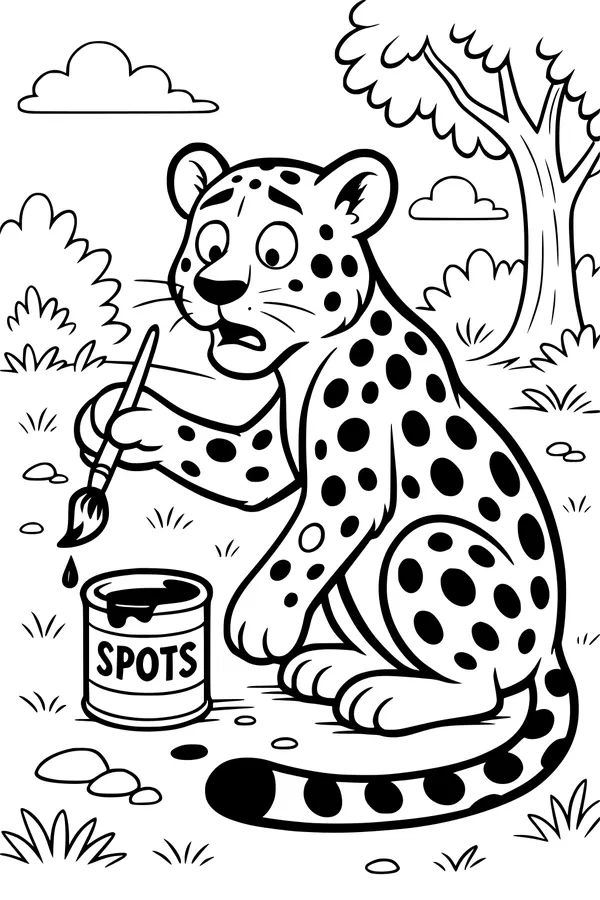 Free Leopard Coloring Page - Cute Cub Painting His Spots Outdoors (Printable PDF)