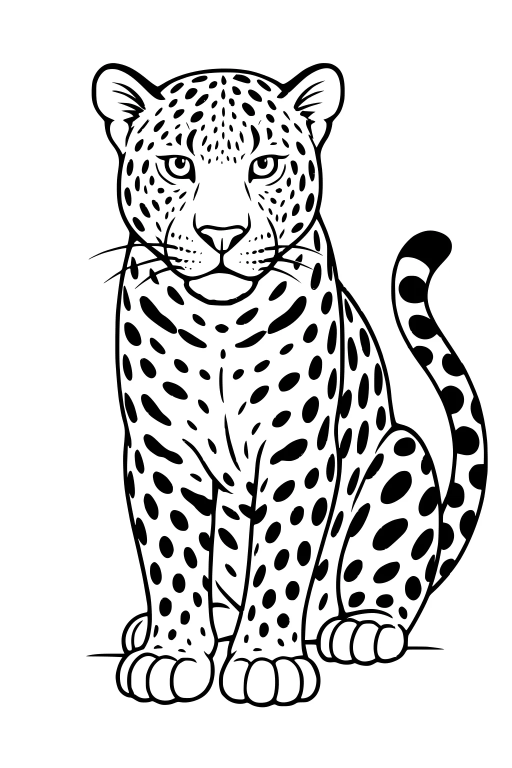 Leopard sitting facing forward, covered in spots, with curved tail and large paws, drawn in simple black outlines.