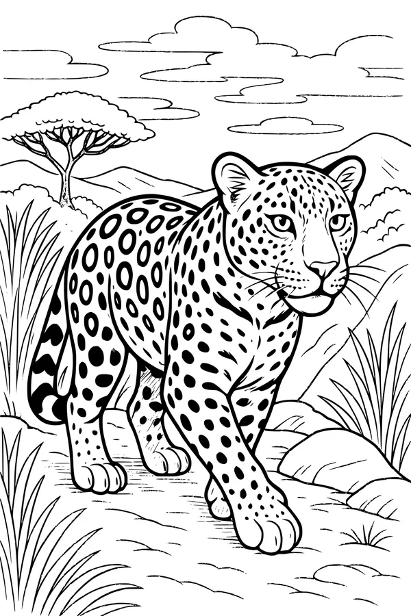 Free Leopard Coloring Page - Spotted Cat on Savanna Path (Printable PDF)
