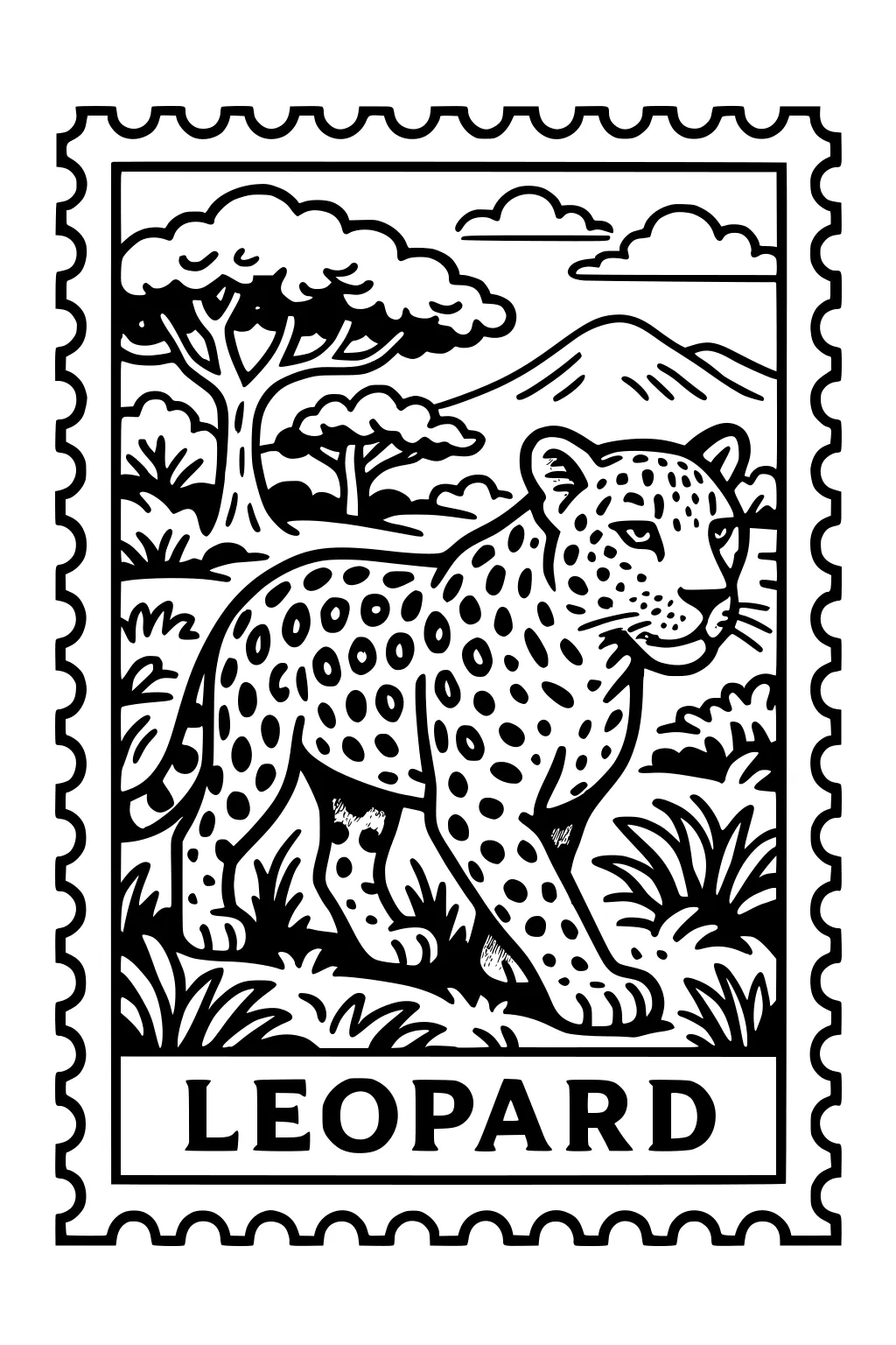 Leopard with dark spots walking in grassy savannah with trees, bushes, a mountain, and clouds inside a postage stamp frame.