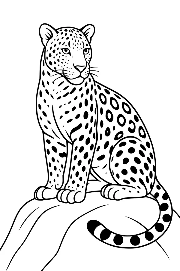 Free Leopard Coloring Page - Young Spotted Cat on Rock (Printable PDF)